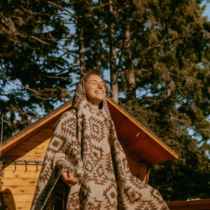 Handmade Wool Blend Poncho with Hood | Aztec Geometric Design