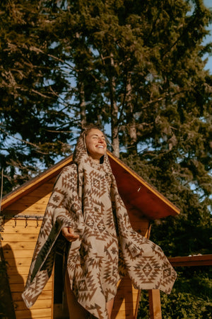 Handmade Wool Blend Poncho with Hood | Aztec Geometric Design