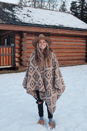 Handmade Wool Blend Poncho with Hood | Aztec Geometric Design