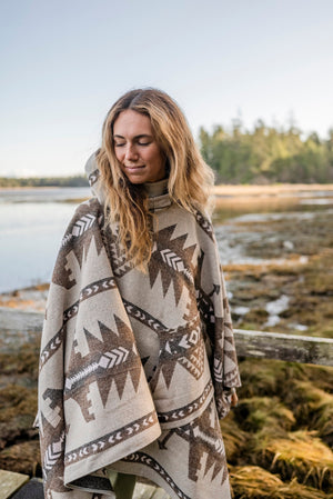 Poncho | NOMAD - Aztec - Southwest - Navajo - Geometric - Shawl - Poncho with Hood - Modest Maverick - Surf - Unisex - Geometric
