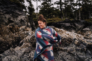 Poncho - HORIZON - Aztec - Southwest - Navajo - Geometric - Shawl - Poncho with Hood - Modest Maverick - Surf - Unisex