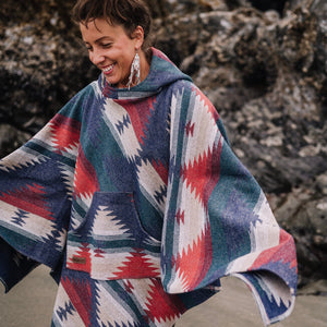 Poncho - HORIZON - Aztec - Southwest - Navajo - Geometric - Shawl - Poncho with Hood - Modest Maverick - Surf - Unisex