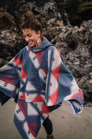 Poncho - HORIZON - Aztec - Southwest - Navajo - Geometric - Shawl - Poncho with Hood - Modest Maverick - Surf - Unisex