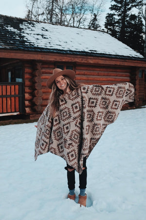 Handmade Wool Blend Poncho with Hood | Aztec Geometric Design