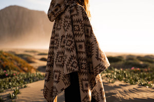 Handmade Wool Blend Poncho with Hood | Aztec Geometric Design