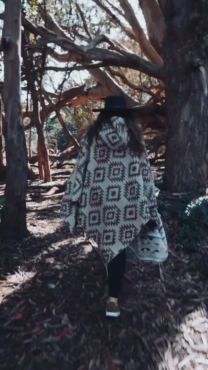 Handmade Wool Blend Poncho with Hood | Aztec Geometric Design